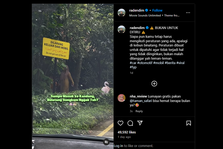 Tangkapan layar Instagram yang memperlihatkan pengunjung Taman Safari Indonesia keluar dari mobil di area satwa.