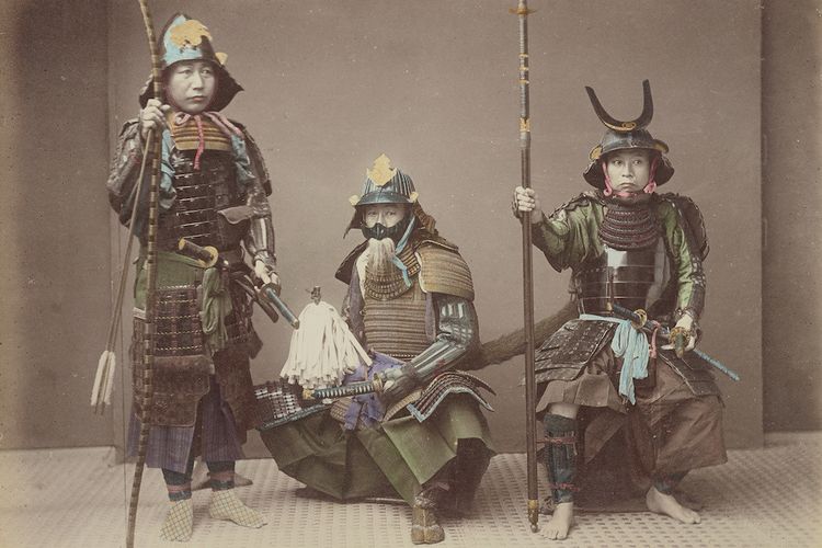 Samurai in Armour; Kusakabe Kimbei (Japanese, 1841 - 1934, active 1880s - about 1912); Japan; 1870s - 1890s; Hand-colored albumen silver print; 20.3 x 26.7 cm (8 x 10 1/2 in.); 84.XA.700.4.58