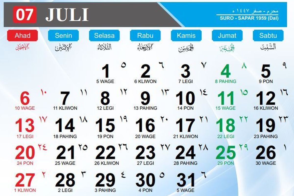 Kalender Juli 2025. Kalender Jawa hari ini lengkap dengan weton dan penanggalan Hijriah.