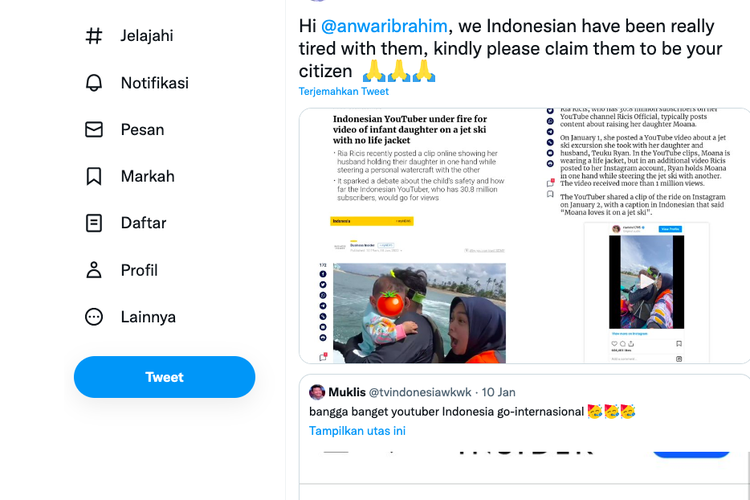 Tangkapan layar unggahan warganet yang meminta PM Malaysia Anwar Ibrahim untuk mengeklaim Ria Ricis jadi warga Malaysia