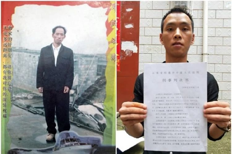 Xiang Mingqian (kanan) ketika berhasil mendapatkan surat penangkapan untuk pembunuh ayahnya, Xiang Wenzhi (foto kiri). Selama 17 tahun, Xiang Mingqian mencari orang yang sudah membunuh ayahnya.