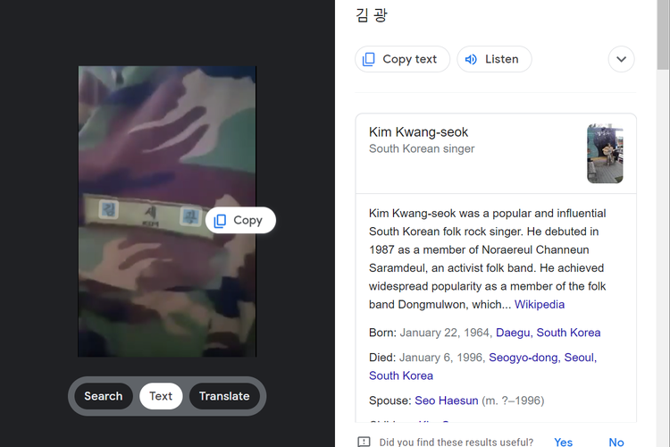 Tangkapan layar pencarian gambar di Google Lens, menampilkan emblem seragam tentara dengan nama Kim dan Kwang menandakan seragam orang Korea.