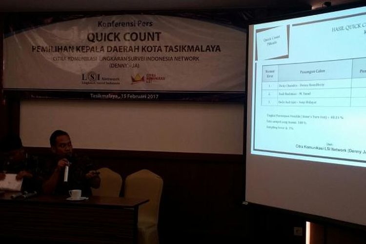 Lingkaran Survei Indonesia (LSI) saat mengumumkan hasil hitung cepat Pilkada Kota Tasikmalaya di Hotel Horison, Rabu (15/2/2017).