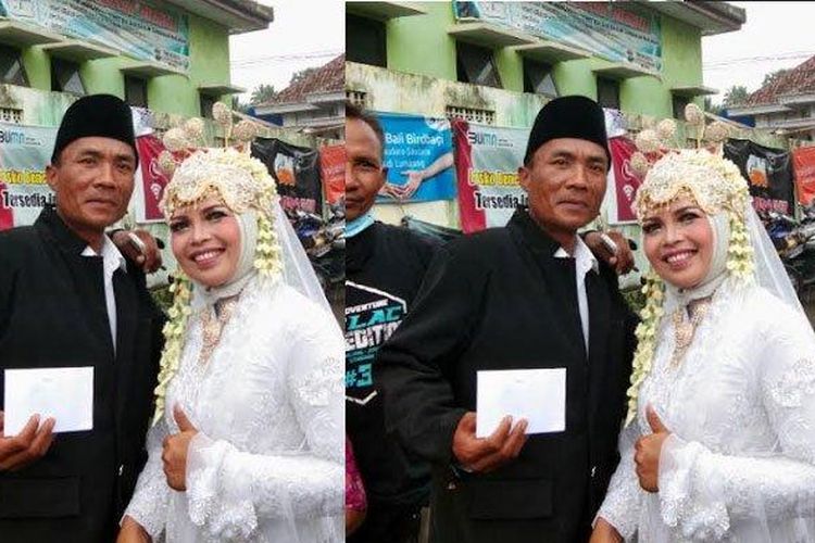 Pasangan sejoli Nurhadi (35) dan Hasanah (30) yang telah melangsungkan pernikahan di posko pengungsian terpusat erupsi Gunung Semeru, di Balai Desa Penanggal, Kecamatan Candipuro, Selasa (11/1/2022)  (Tribun Madura/Tony Hermawan)