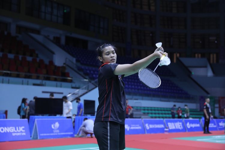 Gregoria Mariska Tunjung berlatih di Bac Giang Gymnasium, Vietnam, jelang perhelatan cabor bulu tangkis SEA Games 2021, Sabtu (14/5/2022).