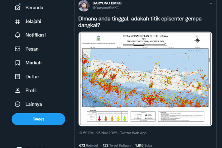 Tangkapan layar unggahan Kepala Pusat Gempa Bumi dan Tsunami Badan Meteorologi Klimatologi dan Geofisika (BMKG) Daryono yang membagikan peta seismisitas di Pulau Jawa periode 2009-Agustus 2020.