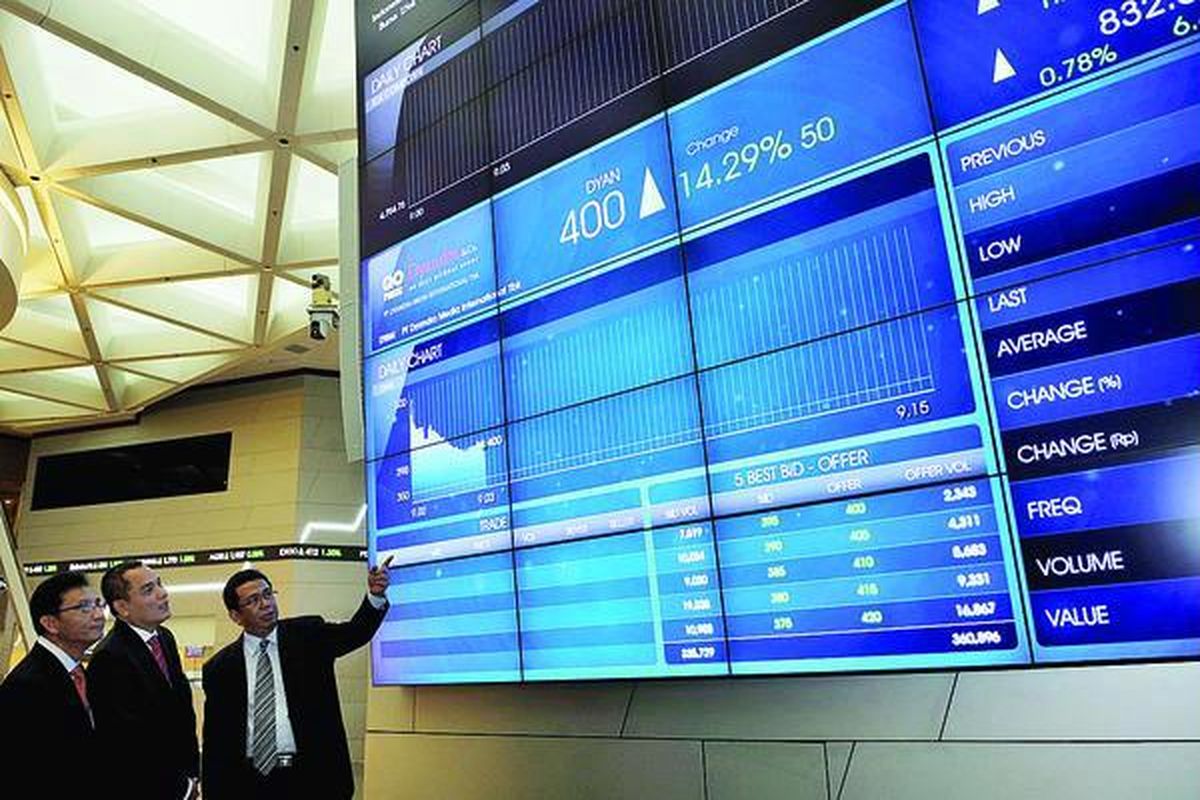 Presiden Komisaris PT Dyandra Media International Tbk Agung Adiprasetyo, Presiden Direktur PT Dyandra Media International Tbk Lilik Oetama, dan Direktur Pengawasan Transaksi dan Kepatuhan Bursa Efek Indonesia Uriep Budhi Prasetyo (dari kiri), melihat pergerakan saham pada pencatatan perdana Dyandra (DYAN) sebagai emiten di Bursa Efek Indonesia, Jakarta, Senin (25/3).