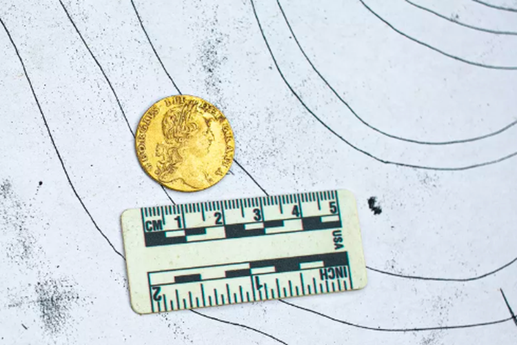 Koin guinea yang ditemukan di situs pertempuran Red Bank, New Jersey. Ini adalah salah satu benda yang ditemukan arkeolog dari sisa sejarah perang di New Jersey. 