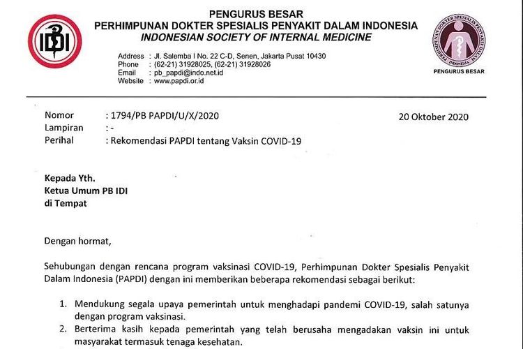 Tangkapan layar Surat Rekomendasi PAPDI tentang vaksin Covid-19