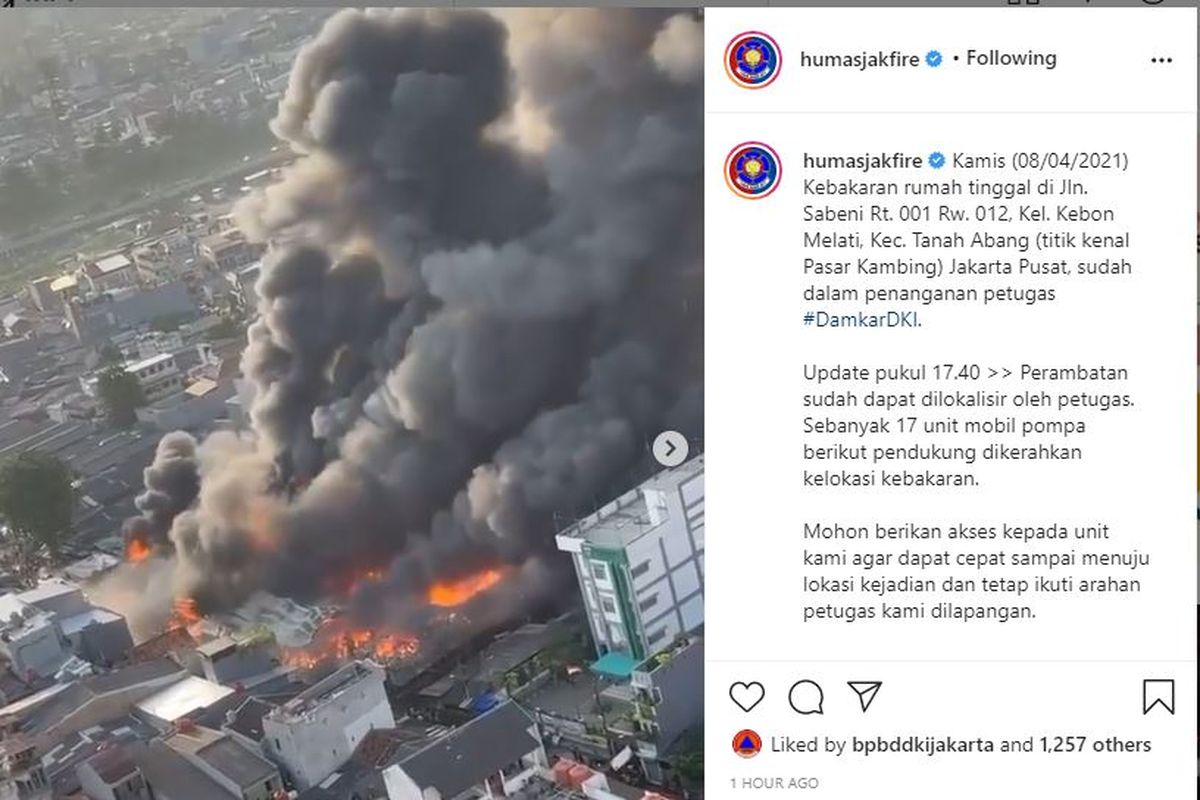 Kebakaran terjadi di Pasar Kambing, Kecamatan Tanah Abang, Jakarta Pusat pada Kamis (8/4/2021).