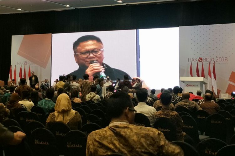 Ketua Umum Partai Hanura Oesman Sapta Odang (Oso) dalam acara Hari Anti Korupsi Dunia yang digelar KPK di Hotel Bidakara, Selasa (4/12/2018). 