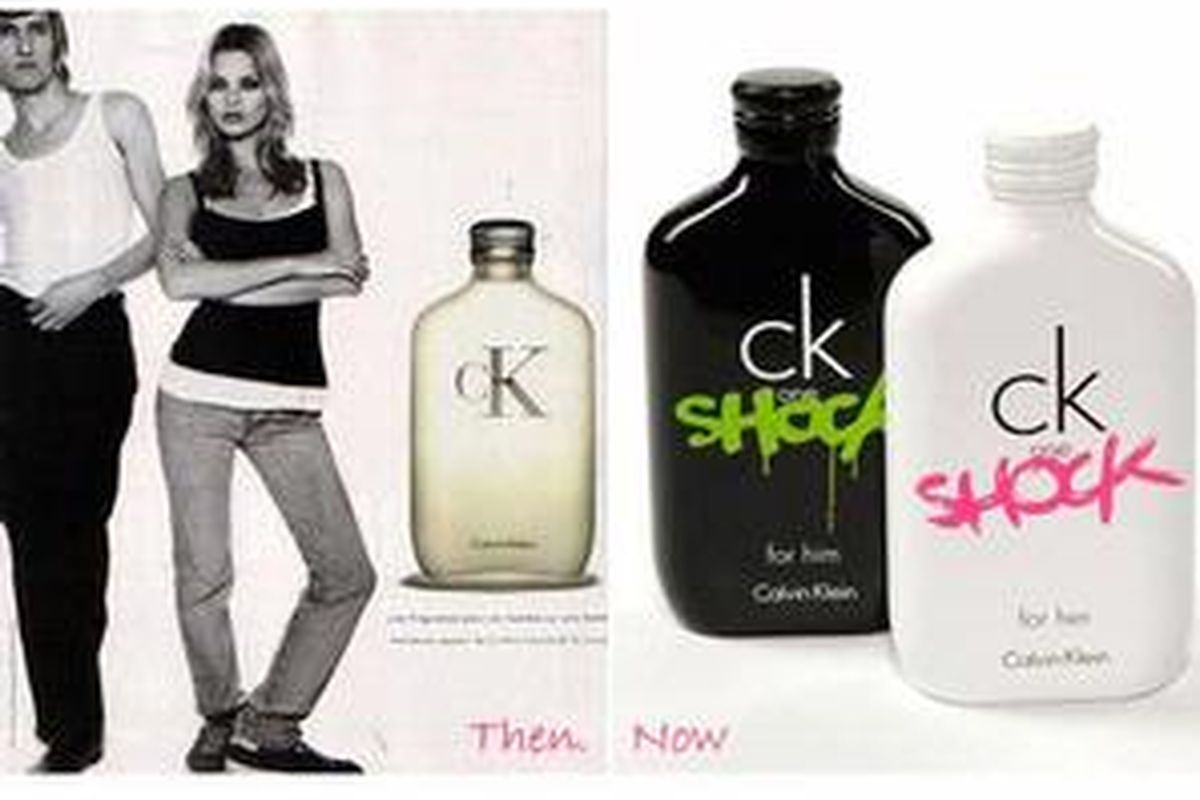 CK One klasik dengan Kate Moss sebagai modelnya (kiri), dan CK One Shock For Him dan For Her (kanan).