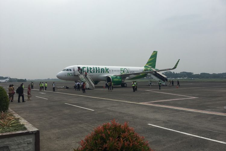 Penerbangan Perdana Citilink Rute Baru Halim-Silangit, di Bandara Internasional Silangit, Sumatera Utara, Sabtu (28/10/2017). 