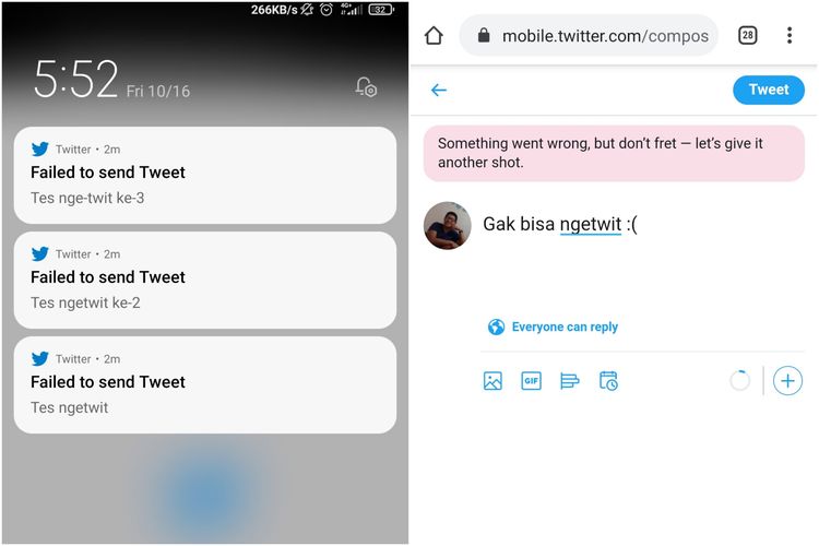 Ilustrasi tidak bisa kirim twit di aplikasi Twitter dan situs Twitter versi mobile.