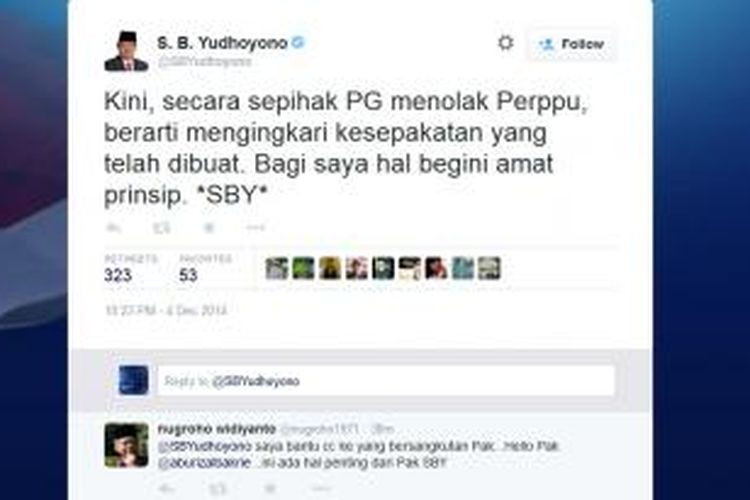Tweet SBY menanggapi Partai Golkar yang menolak Perppu Pilkada