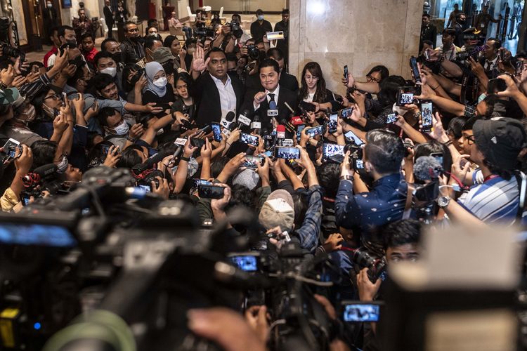The newly-elected Indonesia's football association (PSSI) chief Erick Thohir (center) speaks during a press conference following the 2023 PSSI extraordinary meeting in Jakarta on Thursday, February 16, 2023. Erick, who is former Inter Milan owner, currently also serves as minister of state-owned enterprises and one of the most influential figures in Southeast Asia's biggest economy.
