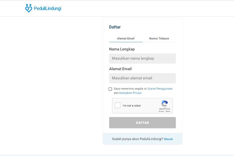 Cara daftar akun PeduliLindungi melalui situs web