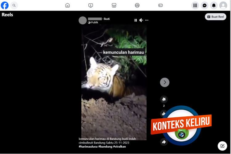 Tangkapan layar unggahan dengan konteks keliru di sebuah akun Facebook, 27 November 2023, soal kemunculan Harimau di Bandung.
