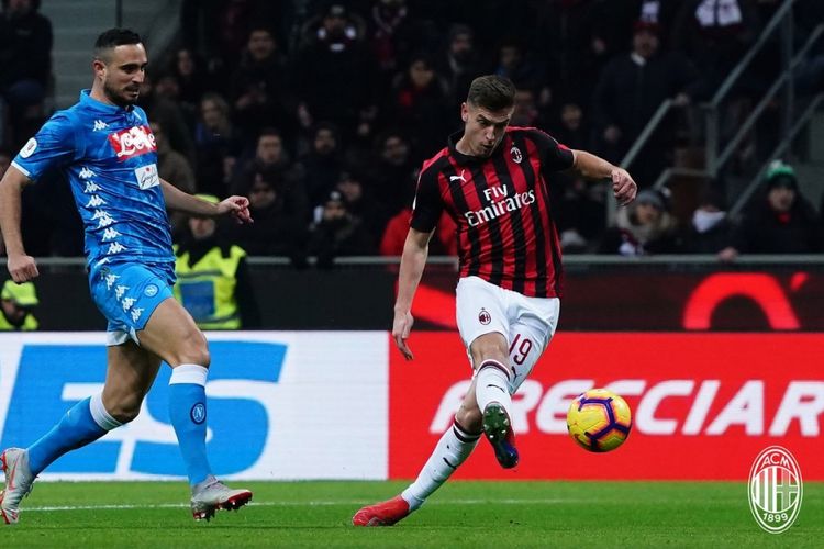 Krzysztof Piatek mencetak dua gol kemenangan timnya pada pertandingan AC Milan vs Napoli dalam lanjutan Coppa Italia di San Siro, 29 Januari 2019. 