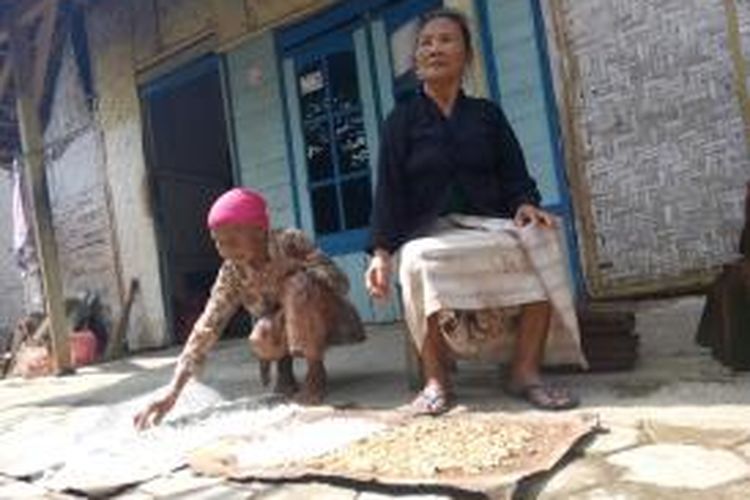 Mbah Rahma (berbaju hitam) dan Mbah Sonah menjemur nasi aking untuk konsumsi sehari-hari di depan rumahnya Lingkungan Jagalan Kecamatan Rogojampi Kabupaten Banyuwangi