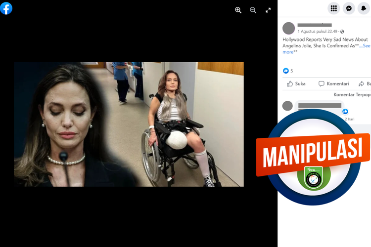 Tangkapan layar konten manipulasi di sebuah akun Facebook, Selasa (1/8/2023), yang mengabarkan Angelina Jolie diamputasi.