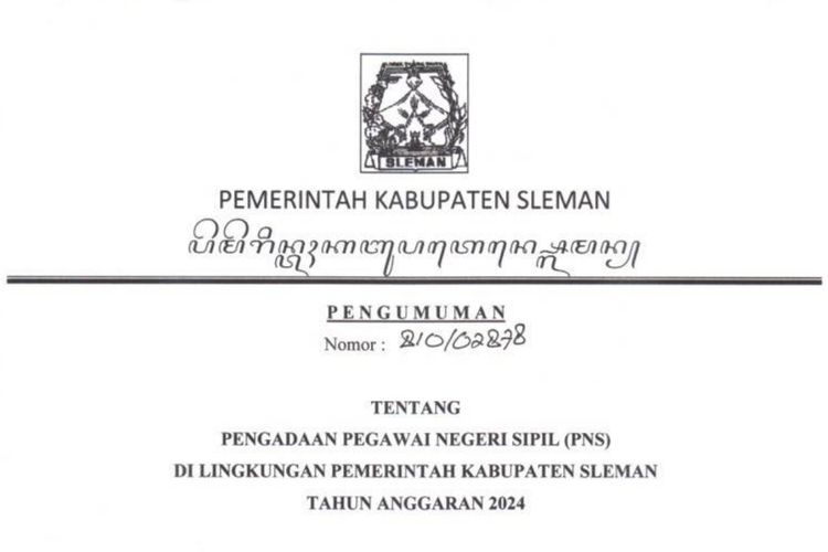 Pengumuman seleksai dan formasi CPNS 2024 di lingkungan Pemerintah Kabupaten Slem