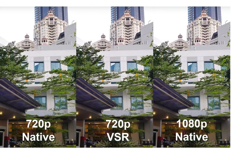 Perbandingan hasil gambar video YouTube dengan resolusi 720p (kiri), 720p dengan VSR setting 4 (tengah), dan resolusi 1080p