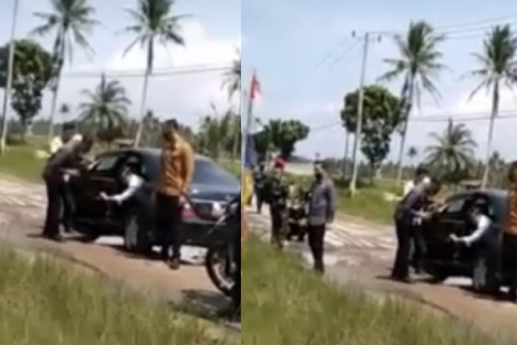 Kolase bidik layar video mobil Jokowi diduga tersangkut saat melintasi Jalan Terusan Ryacudu, akses Kota Baru Lampung, Jumat (5/5/2023).