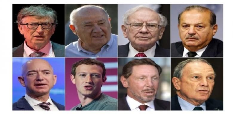 Orang-orang terkaya di dunia (kiri ke kanan), Bill Gates, Amancio Ortega, Warren Buffet, Carlos Slim Helu, Jeff Bezos, Mark Zuckerberg, Larry Ellison, dan Michael Bloomberg. 