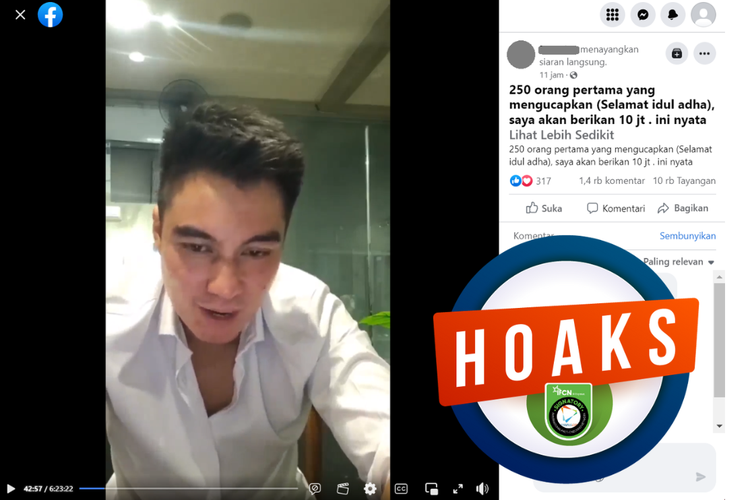 Tangkapan layar unggahan dengan narasi hoaks di sebuah akun Facebook, Kamis (29/6/2023), soal tawaran uang tunai dalam rangka Idul Adha mengatasnamakan Baim Wong.