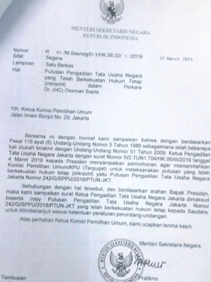 Surat yang dibuat Menteri Sekretariat Negara Pratikno atas nama Presiden Joko Widodo soal pencalonan Oesman Sapta Odang (OSO) sebagai calon anggota DPD. Surat ini dikirimkan kepada komisioner KPU.