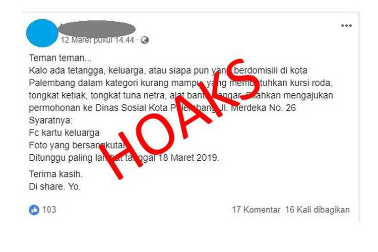 Hoaks permohonan alat bantu medis di Palembang atasnamakan Dinsos Kota Palembang.