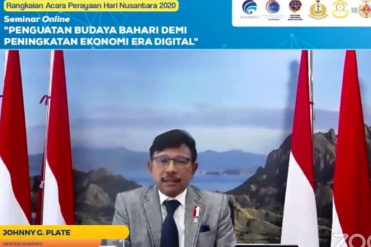 Menteri Johnny G. Plate sedang memberikan pidato dalam acara ?Penguatan Budaya Bahari Demi Peningkatan Ekonomi Era Digital? pada Kamis (10/12/2020).