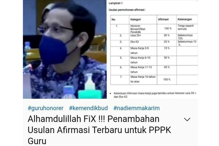 Tangkapan layar unggahan soal penghitungan afirmasi tambahan untuk guru honorer peserta seleksi Pegawai Pemerintah dengan Perjanjian Kerja (PPPK) 2021.