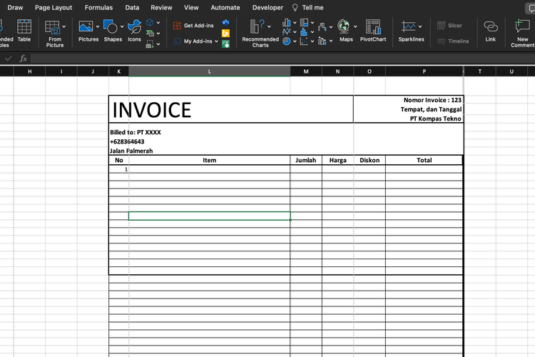 Ilustrasi cara buat invoice di excel