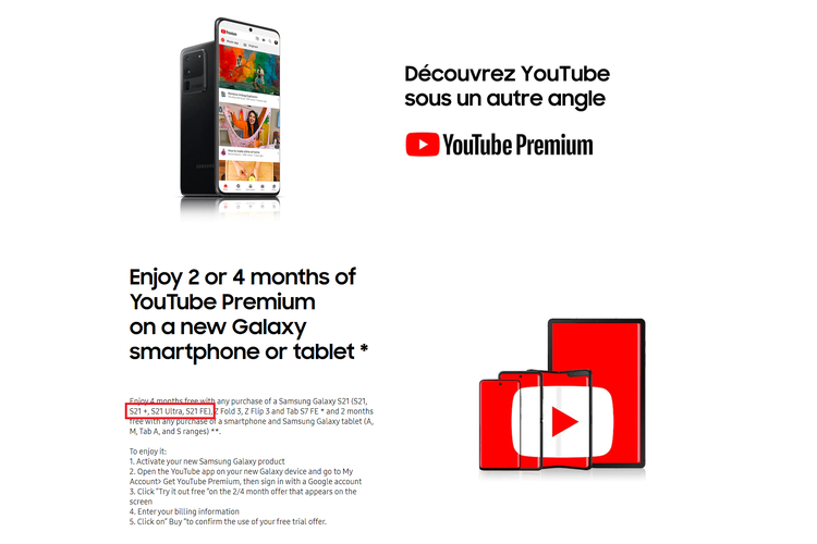 Tangkapan layar spanduk YouTube Premium di situs resmi Samsung Perancis yang mencantumkan model Galaxy S21 FE.