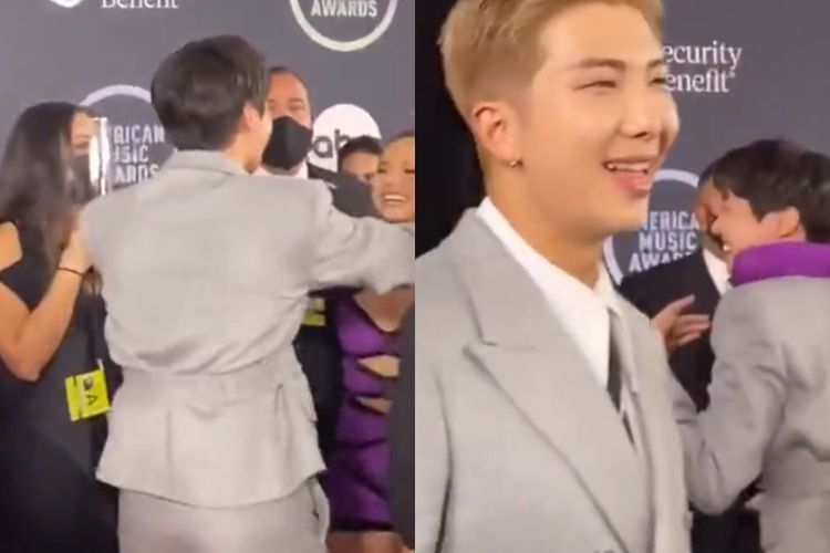 J-Hope BTS berinteraksi dengan penyanyi Latin, Becky G, di red carpet American Music Awards 2021, Senin (22/11/2021).