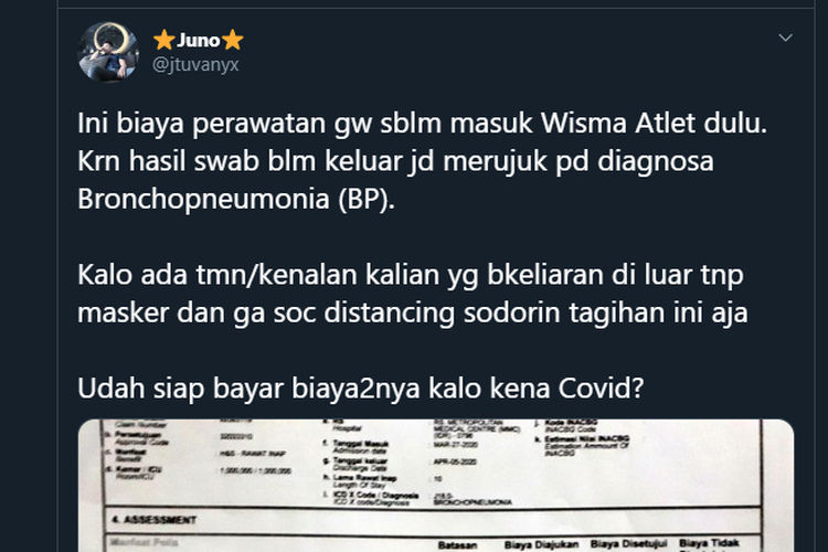 Tangkapan layar twit akun milik Juno yang mengunggah rincian biaya perawatannya selama masa karantina di RS swasta di Jakarta.
