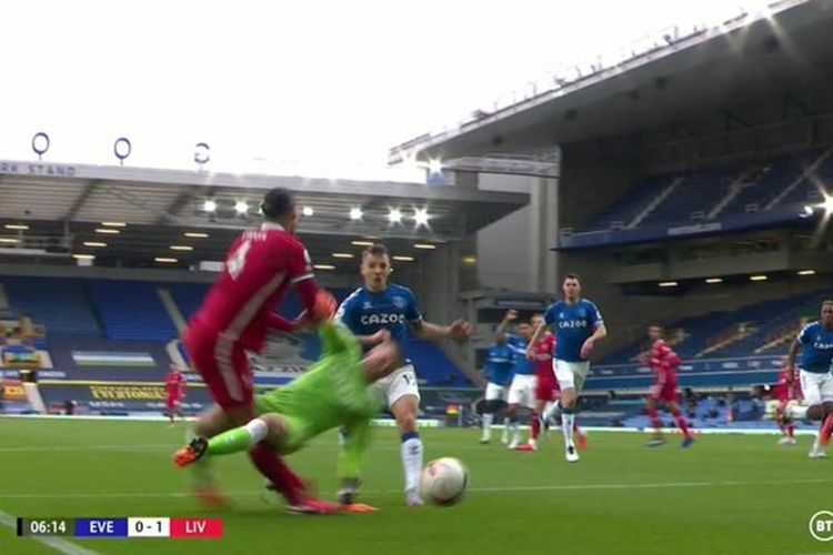 Kiper Everton, Jordan Pickford, melabrak bek Liverpool, Virgil Van Dijk, dengan tekel setinggi lutut kaki pada laga Liga Inggris di Stadion Goodison Park, Sabtu (17/10/2020).