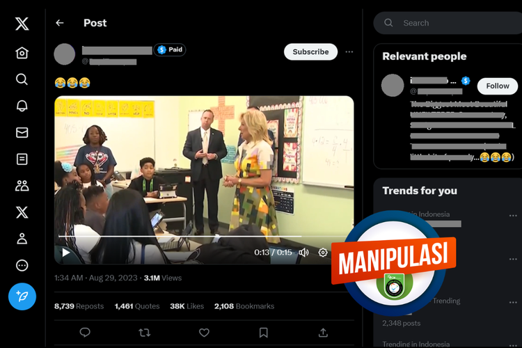 Tangkapan layar konten manipulasi di sebuah akun X, berisi video Jill Biden diteriaki anak sekolah ketika berbicara di ruang kelas Sekolah Menengah Eliot-Hine.