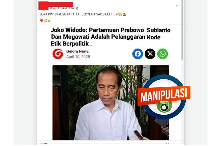 Tangkapan layar Facebook judul artikel yang mengeklaim Jokowi mengatakan pertememuan Prabowo dan Megawati melanggar kode etik berpolitik
