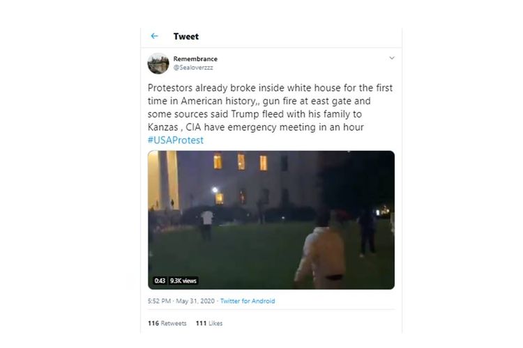 Video yang beredar di media sosial Twitter menyebutkan Gedung Putih dimasuki demonstran. Namun, informasi ini hoaks. Yang benar, peristiwa terjadi di Ohio Statehouse, Columbus.
