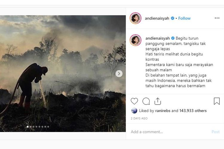 Keprihatinan Andien pada kebakaran hutan dan lahan di Riau.