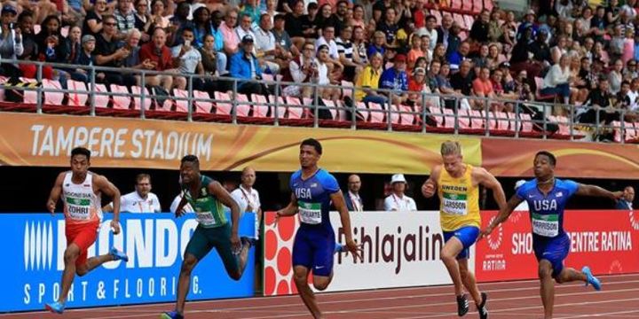Sprinter Indonesia, lalu Muhammad Zohri (kiri) di final 100 meter kejuaraan Dunia U20 IAAF
