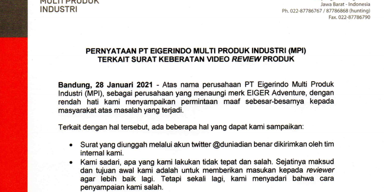 Ini Pernyataan Resmi Eiger Soal Surat Keberatan Kepada R