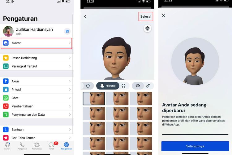 Ilustrasi cara membuat avatar WhatsApp lewat menu Avatar.