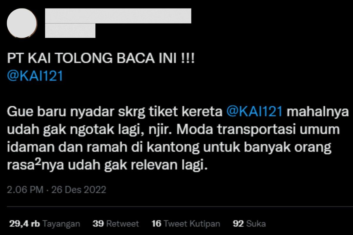 Salah seorang pengguna Twitter mengeluhkan mahalnya harga tiket kereta kelas ekonomi mulai tahun 2018 hingga 2022.