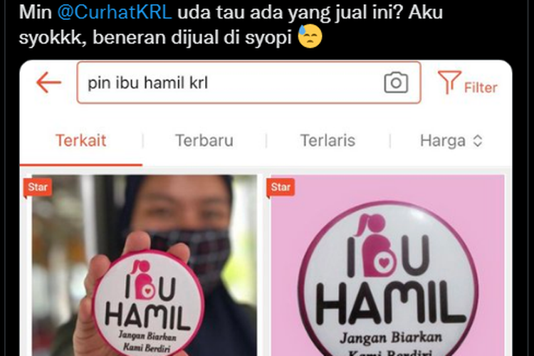 tangkapan layar twit soal pin khusus ibu hamil yang dijual bebas di e-commerce beredar di media sosial pada Minggu (15/1/2023).