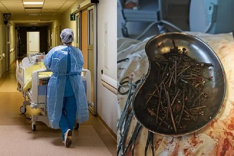 Gambar yang dirilis Rumah Sakit Universitas Klaipeda, Lithuania, menunjukkan seorang pria dibawa ke ruang operasi, dengan dokter mengeluarkan 1 kilogram paku, sekrup, hingga pisau daru perutnya.
