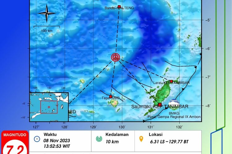 Peta gempa M 7,2 di Laut Banda Maluku pada Rabu (8/11/2023)